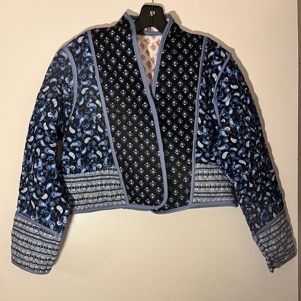 Cropped Puffer Jacket Stand Collar Floral Printed Open Front Quilted Lightweight - Picture 14 of 15